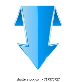 Blue DOWN arrow. Web shiny 3d icon. Vector illustration isolated on white background