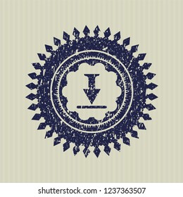 Blue download icon inside distressed rubber seal with grunge texture