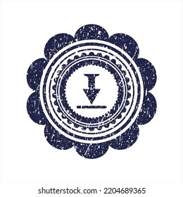 Blue download icon inside rubber stamp. 
