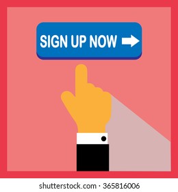 Blue download now button with pointing hand on red background. Flat illustration. Sign up icon.
