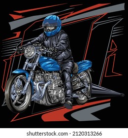 Blue Drag Race Motorcycle With Graphic Background Isolated On The Black Background For T-shirt, Poster And Business Element