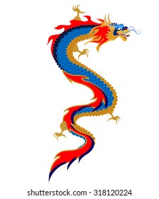 The blue dragon in the Asian style. Top view. On the back of a dragon located crest, that looks like a flame. The belly of a dragon is golden.
