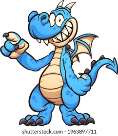 Blue dragon cartoon character standing up and pointing. Vector clip art illustration with simple gradients. All on a single layer. 
