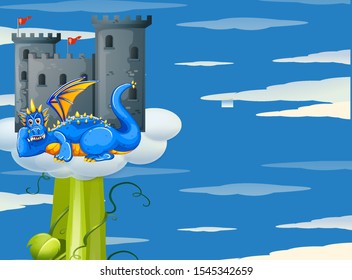 Blue Dragon And Castle On Giant Beanstalk Illustration