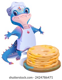 Blue dragon chef and stack of freshly prepared pancakes. Mardi Gras holiday or Russian Maslenitsa. Vector cartoon illustration isolated on white