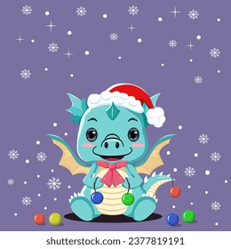 Blue Dragon Christmas ,This A Cute Cartoon Blue Dragon In A merry christmas with Gift And Snowflate in winter
