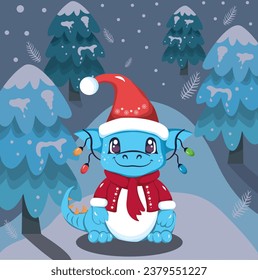 blue dragon christmas,This A Cute Cartoon Blue Dragon In A merry christmas with Gift And Snowflate in winter