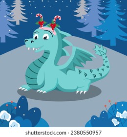 blue dragon christmas,This A Cute Cartoon Blue Dragon In A merry christmas with Gift And Snowflate in winter