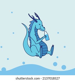 Blue dragon drinking water bottle cute cartoon vector illustration
