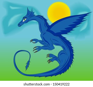 Blue dragon during the flight against the background of sky, sun and clouds. Hand drawing cartoon vector illustration