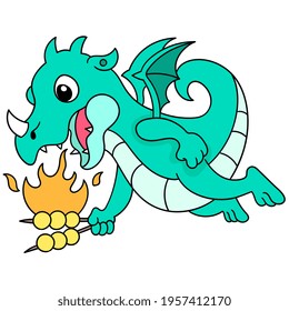 the blue dragon flew into the sky carrying food and burning it, vector illustration art. doodle icon image kawaii.