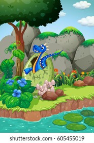 Blue dragon hatching egg by the river illustration