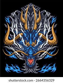 CABEZA DE DRAGÓN AZUL QUE EXTIENDE EL FUEGO, DISEÑO FRESCO Y ATRACTIVO, LLENO DE DETALLES, ARCHIVO DE VECTOR, CONVENIENTE PARA SUS NECESIDADES DE DISEÑO