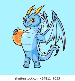 Blue Dragon Holding Gold Coin And Thumbs Up Cartoon Vector Icon Illustration. Animal Finance Icon Concept Isolated Premium Vector. Flat Cartoon Style