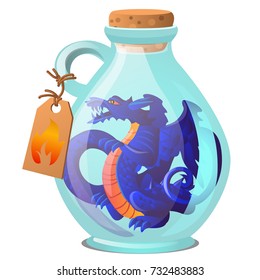 Blue dragon imprisoned in a glass transparent bottle with cork isolated on white background. Vector cartoon close-up illustration.