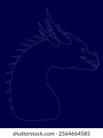 Blue dragon with a long tail and sharp teeth. The dragon is drawn in blue