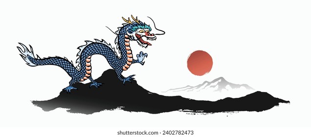 A blue dragon is looking at the sun from a mountain. Ink brush painting, Korean traditional painting vector illustration.