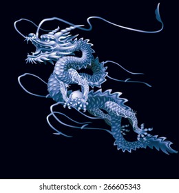 Blue Dragon moving up diagonally on a black background