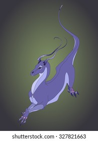 Blue dragon on a green background.