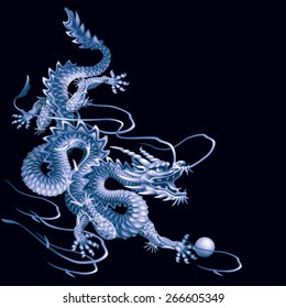 Blue dragon running down diagonally on a black background