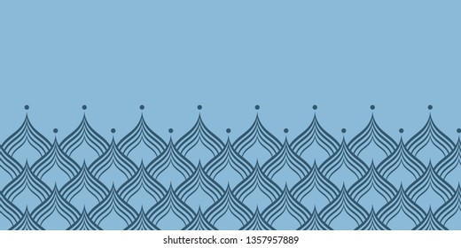 Blue dragon scale vector seamless horizontal border. Surface pattern design for home decor, accessories, apparel, cards to decorate the edges.