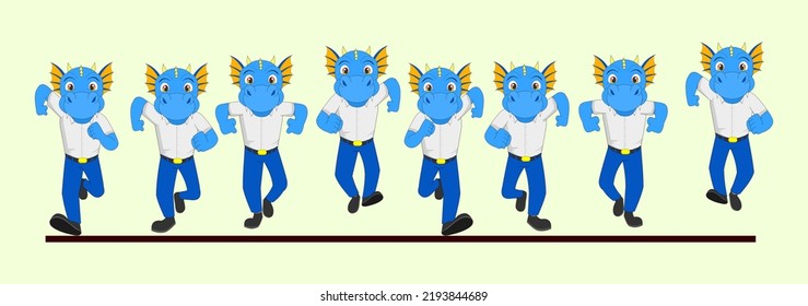 Blue Dragon In School Dress Frame By Frame Running Pose Vector Illustration. Rare Animal Run Cycle Designer For 2D Animation, Motion Graphics, Animated Poster, ELearning