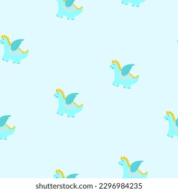 blue dragon seamless pattern.Hand drawn illustration with cute dragon for kids textile,clothes,accessories,birthday party decor. Doodle vector character print for design apparel