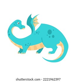 Blue dragon with small wings looking back cartoon illustration. Cute magical creature on white background. Fantasy, reptile concept