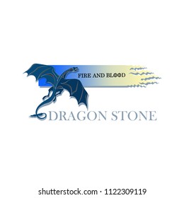 Blue dragon. DRAGON STONE. Mythical animal. Poster, emblem with text. Image of a dragon against the background of an icy flame. Design for textiles, printing on T-shirts, dishes, cases.