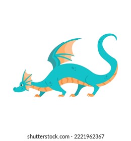 Blue dragon walking cartoon illustration. Cute magical creature on white background. Fantasy, reptile concept