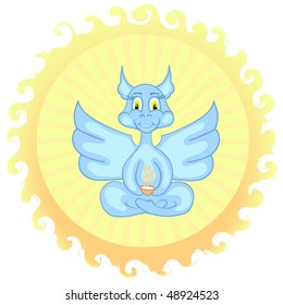 Blue dragon with wings cup of tea and yellow sun
