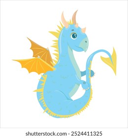 Blue dragon with wings. Cute fairy tale animal. fantasy Character of children's books. Dinosaur. Vector illustration on a white background.