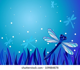 blue dragonfly flying over the grass at night in the blue sky, silhouettes of a few dragonflies can be seen in the distance, glowing balls flying in the air