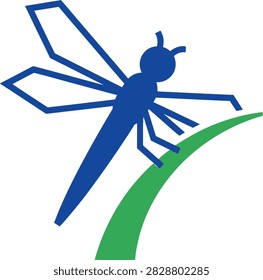 A blue dragonfly insect perched on a green curved line, nature symbol icon graphic