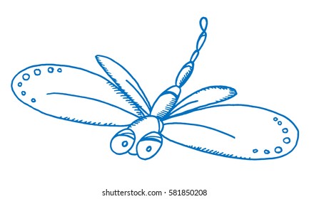 Blue dragonfly for kids prints, room, design, posters. Cartoon insects character. Hand drawn illustration.