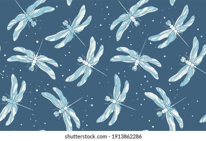 Blue dragonfly seamless pattern. Vintage retro illustration. EPS 10. Hand drawn vector illustration. Yellow pattern in pastel tones. Pajama pattern design.