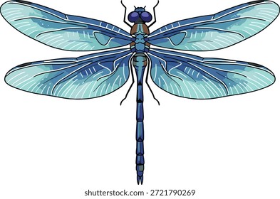 Ilustração de vetor de libélula azul, padrões de asa detalhados, gráfico de inseto isolado no fundo branco, estilo de design plano