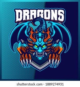 Blue Dragons esport and sport mascot logo design with modern illustration concept for team, badge, emblem and t-shirt printing. Hydra illustration on isolated background. Premium Vector