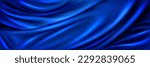 Blue drapery silk fabric luxury background. Nawy abstract satin cloth vector texture pattern. Smooth shiny drape material curtain. Elegant velvet curve motion image realistic horizontal design.