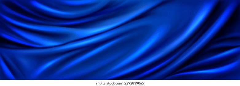 Blue drapery silk fabric luxury background. Nawy abstract satin cloth vector texture pattern. Smooth shiny drape material curtain. Elegant velvet curve motion image realistic horizontal design.