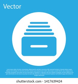 Blue Drawer with documents icon isolated on blue background. Archive papers drawer. File Cabinet Drawer. Office furniture. White circle button. Vector Illustration
