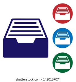 Blue Drawer with documents icon isolated on white background. Archive papers drawer. File Cabinet Drawer. Office furniture. Set color icon in circle buttons. Vector Illustration