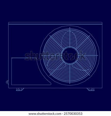 Blue drawing of an air conditioner. The air conditioner is on the right side of the image