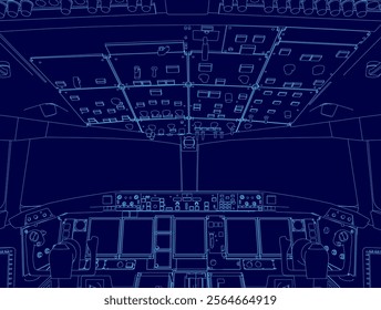 Blue drawing of an airplane cockpit. The cockpit is shown in a very detailed and realistic way, with the controls and instruments clearly visible. Scene is one of precision and focus