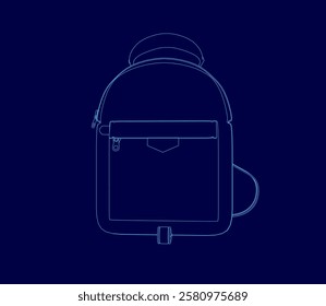 A blue drawing of a backpack with a zipper pocket. The backpack is shown in a blue outline