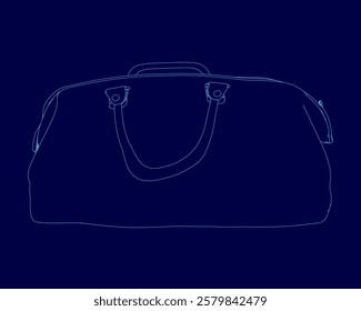 Blue drawing of a bag with a strap. The bag is shown in a blue image