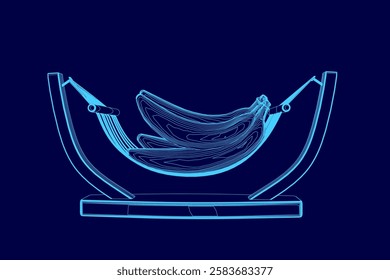 A blue drawing of a banana boat with two bananas on it. The bananas are hanging from the sides of the boat