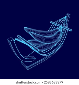 A blue drawing of a banana chair with a rope hanging from it. The chair is made of banana peels and is suspended in the air