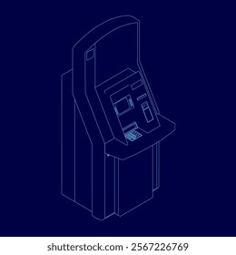 Blue drawing of a bank machine with a screen and a slot for coins. The machine is designed to accept coins and dispense change