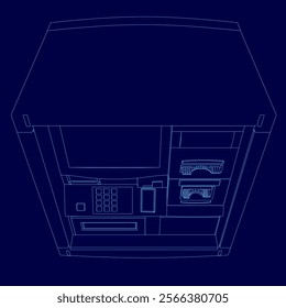 Blue drawing of a bank teller machine. The machine has a screen and a keypad